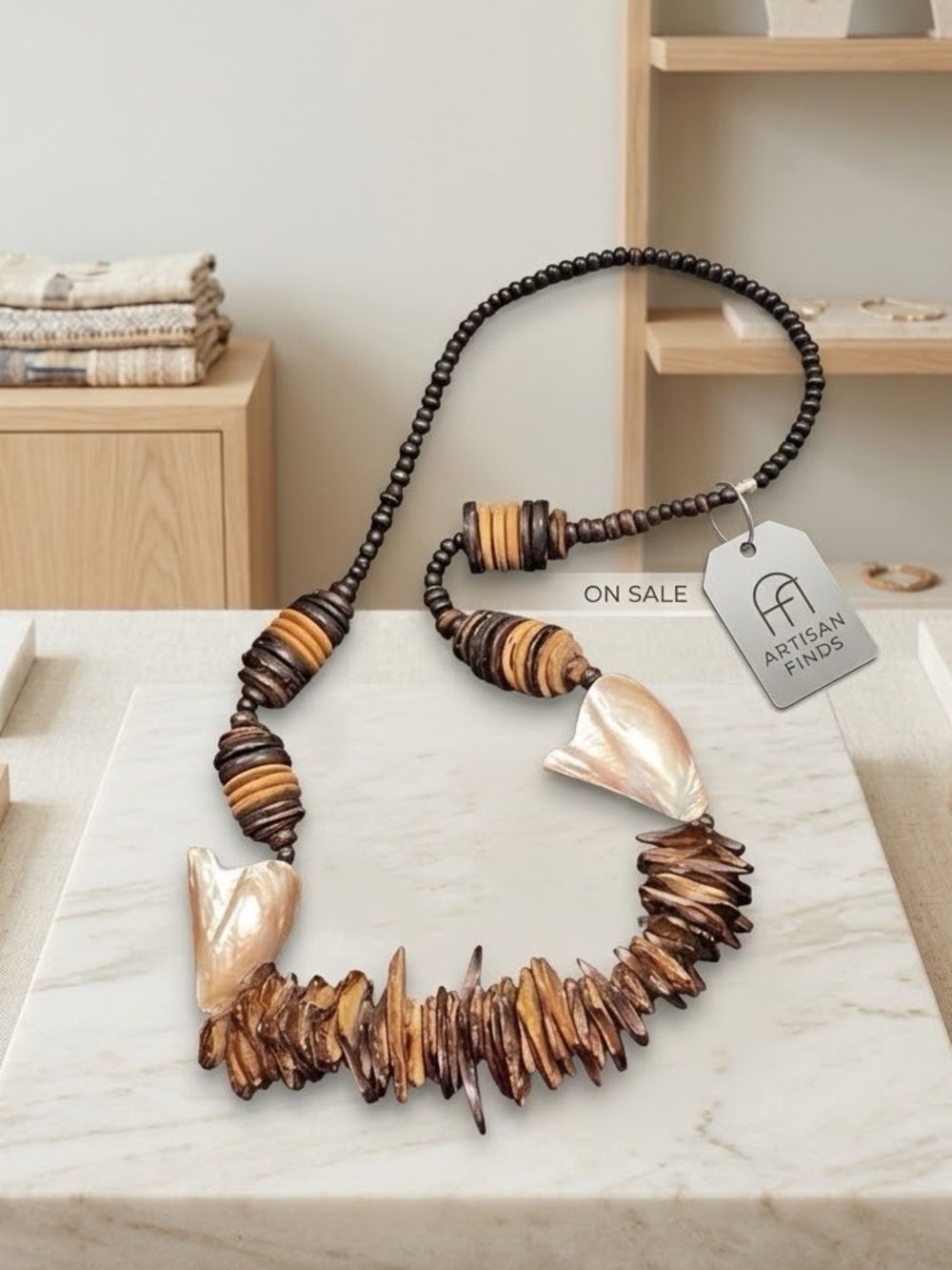 Vintage Ethnic Elegant Brown and Cream Beaded shark tooth Necklace 24” in length